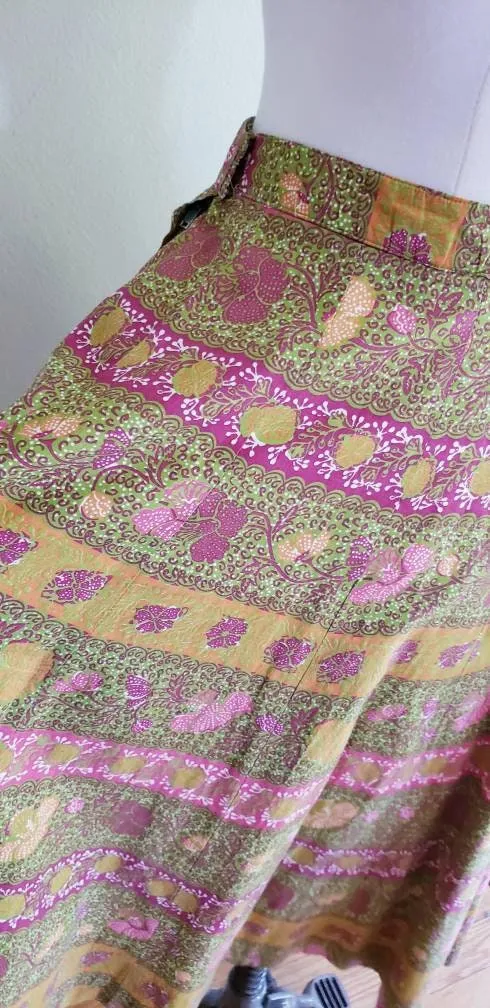 1950s Graphic Print A Line Midi Skirt / 50s Summer Skirt Green Pink Mustard Yellow India Cotton Print / S / Archana
