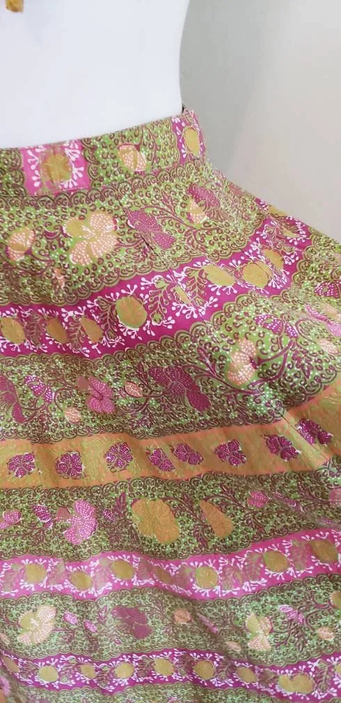1950s Graphic Print A Line Midi Skirt / 50s Summer Skirt Green Pink Mustard Yellow India Cotton Print / S / Archana