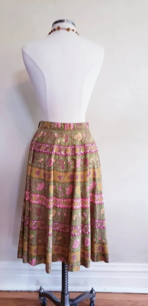 1950s Graphic Print A Line Midi Skirt / 50s Summer Skirt Green Pink Mustard Yellow India Cotton Print / S / Archana