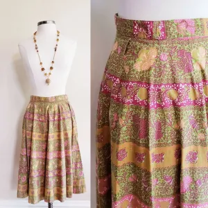1950s Graphic Print A Line Midi Skirt / 50s Summer Skirt Green Pink Mustard Yellow India Cotton Print / S / Archana