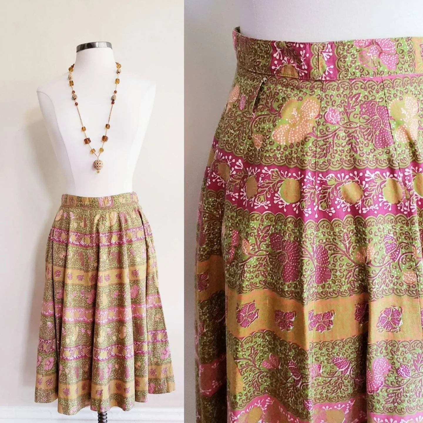 1950s Graphic Print A Line Midi Skirt / 50s Summer Skirt Green Pink Mustard Yellow India Cotton Print / S / Archana