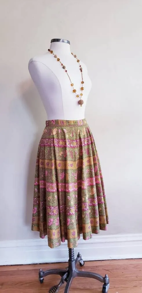 1950s Graphic Print A Line Midi Skirt / 50s Summer Skirt Green Pink Mustard Yellow India Cotton Print / S / Archana