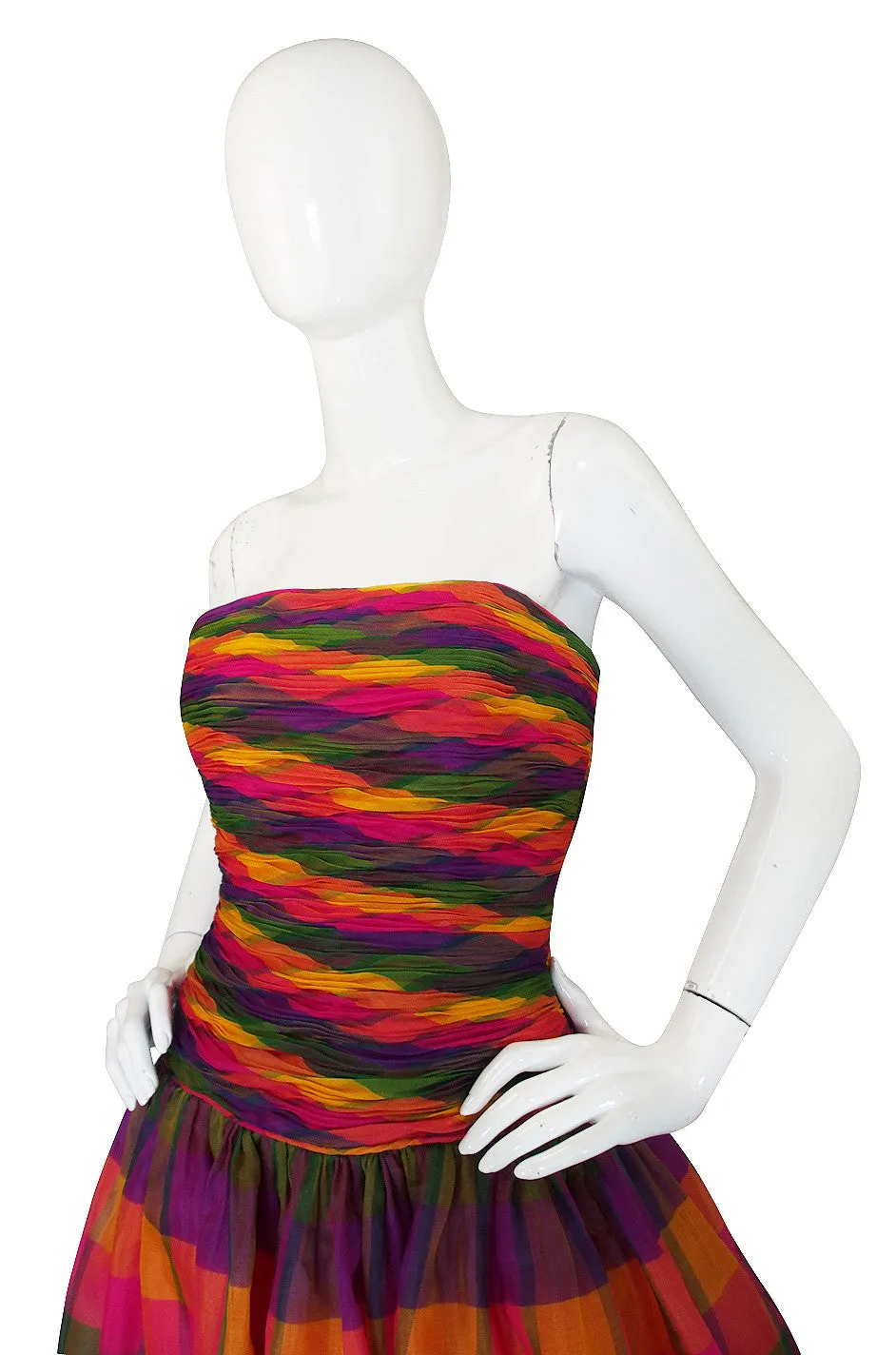 1980s Multi Color Silk Organza Strapless Gown