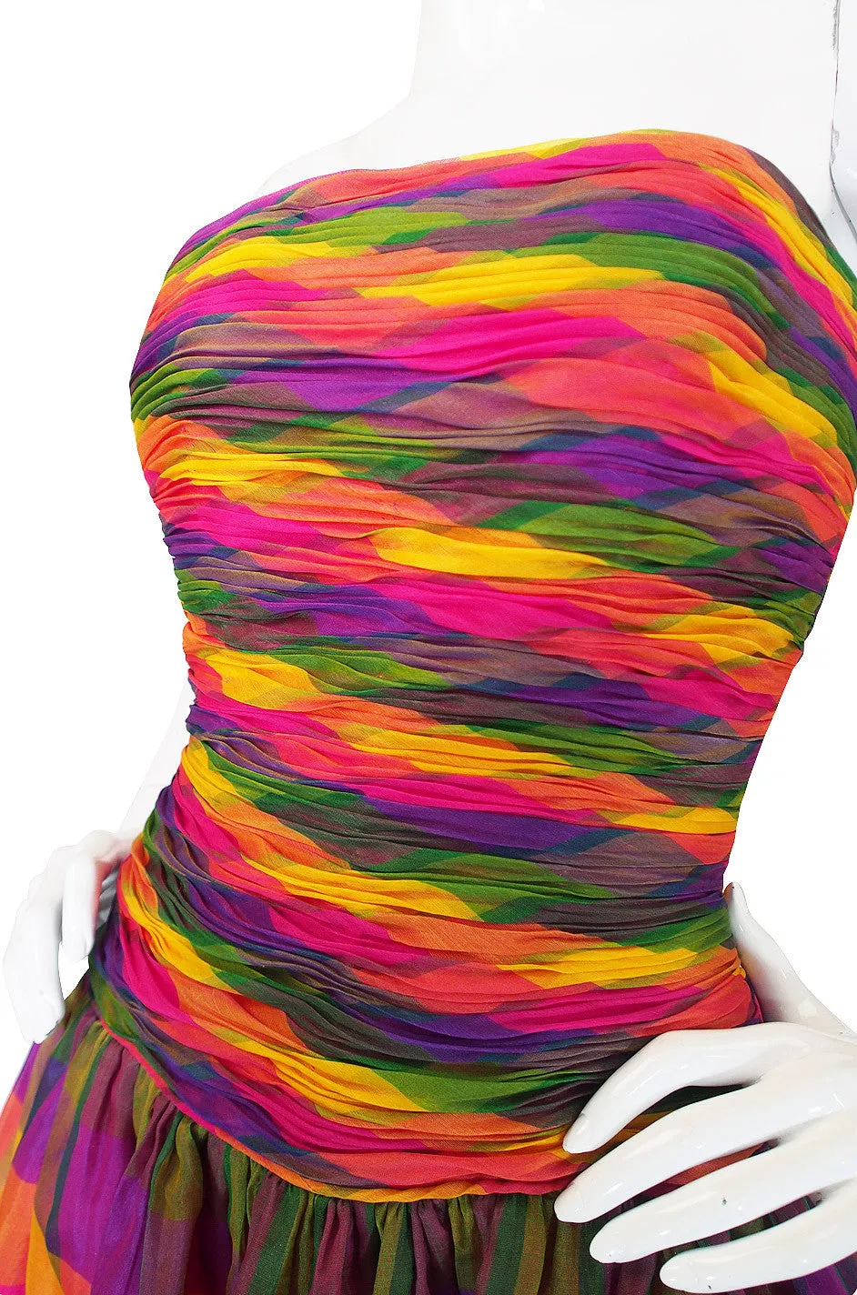 1980s Multi Color Silk Organza Strapless Gown