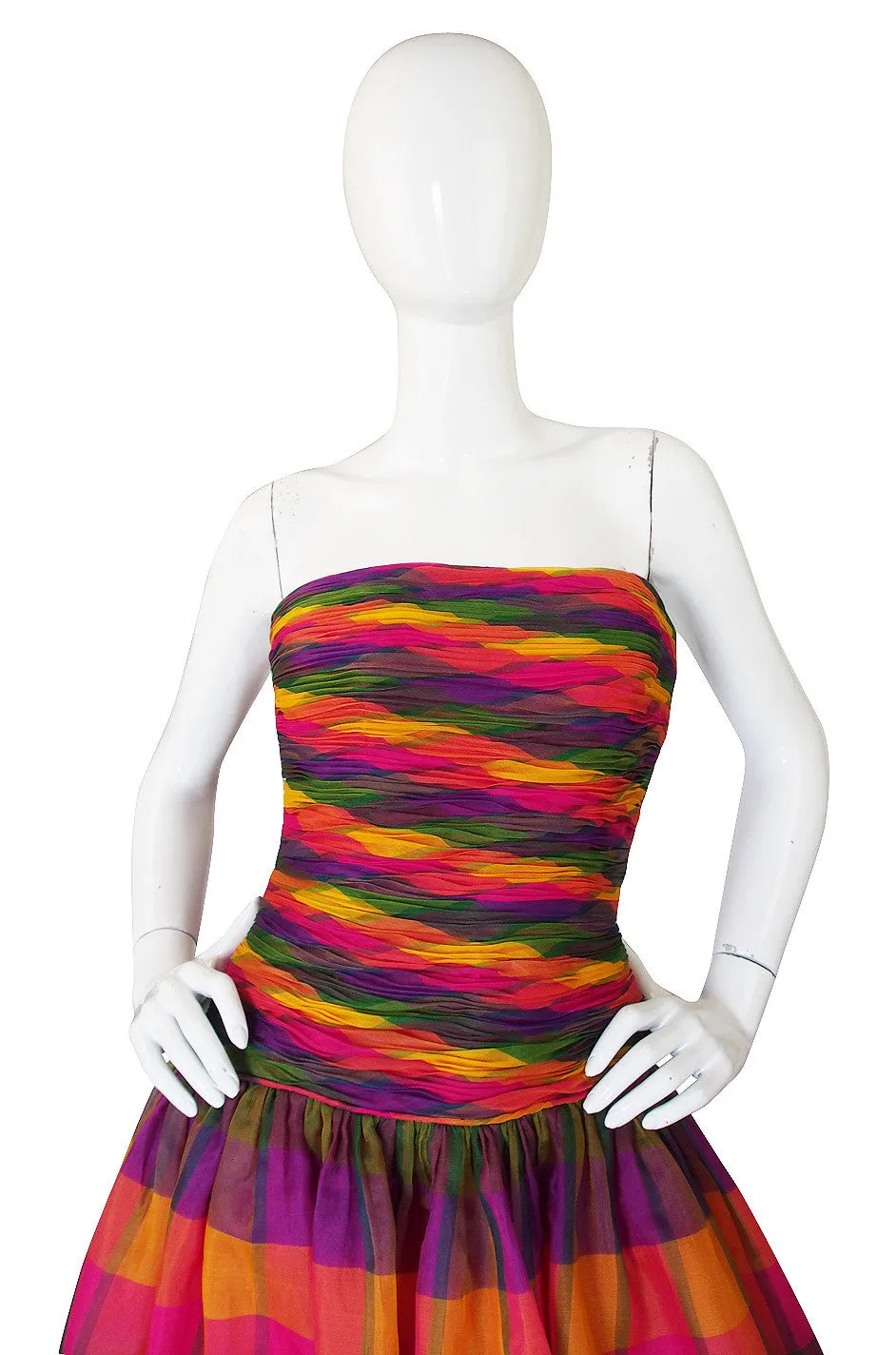 1980s Multi Color Silk Organza Strapless Gown