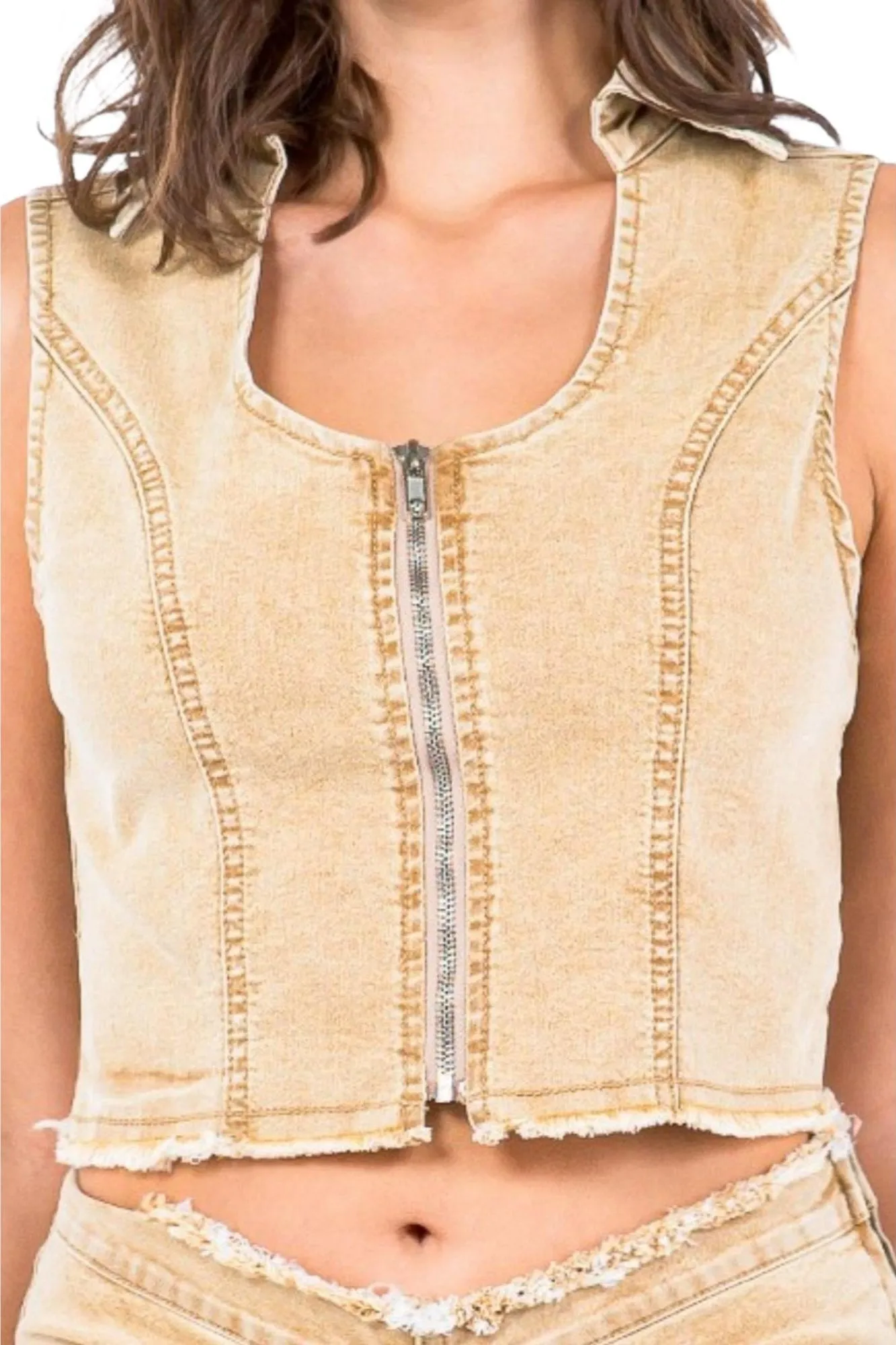 American Bazi Light Wash Zip-Up Washed Cropped Denim Vest