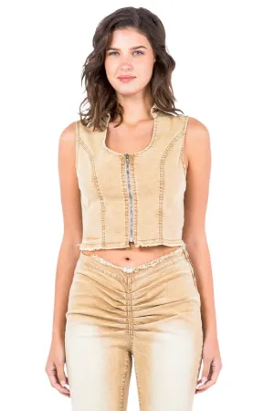 American Bazi Light Wash Zip-Up Washed Cropped Denim Vest