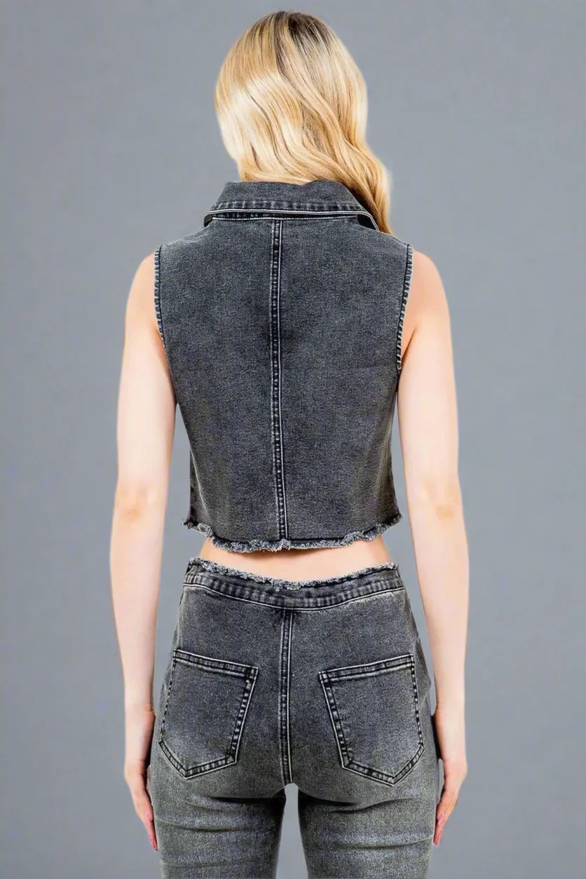 American Bazi Washed Black Zip-Up Crop Denim Vest