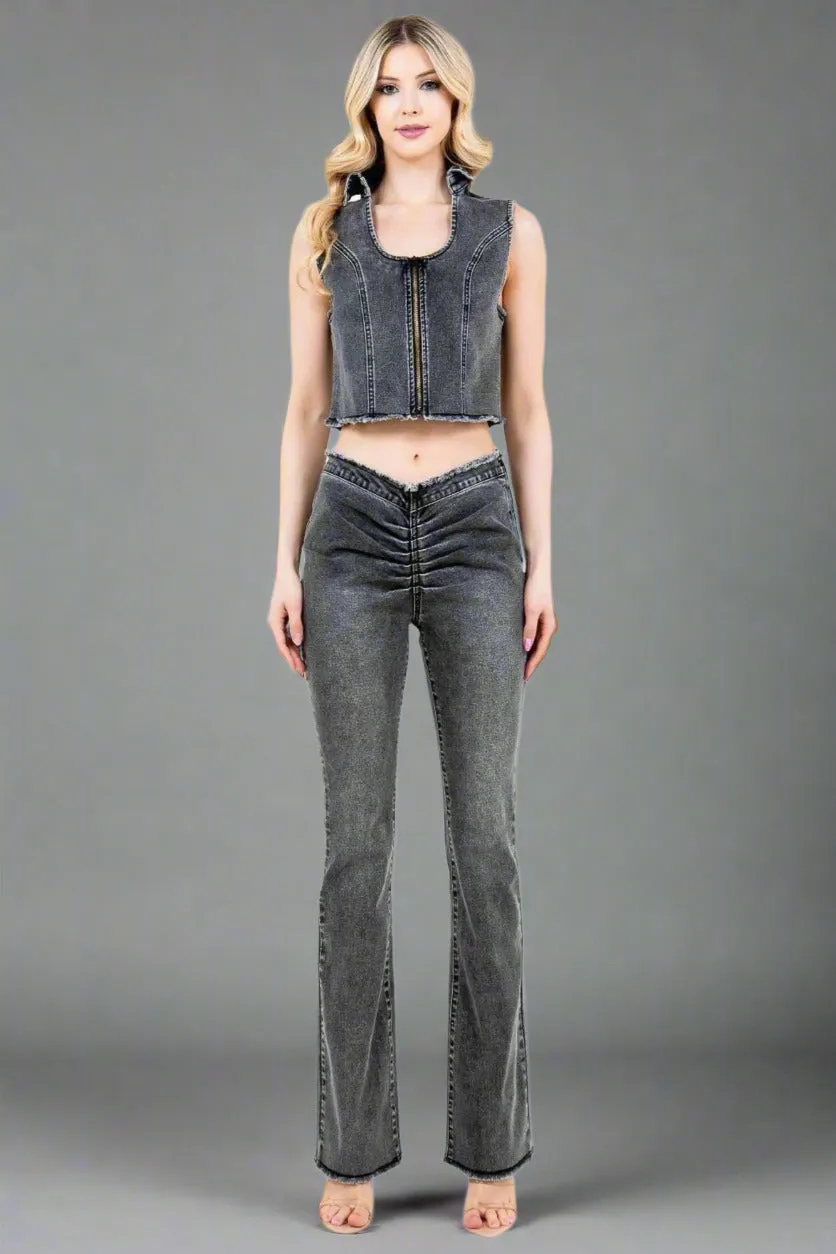 American Bazi Washed Black Zip-Up Crop Denim Vest