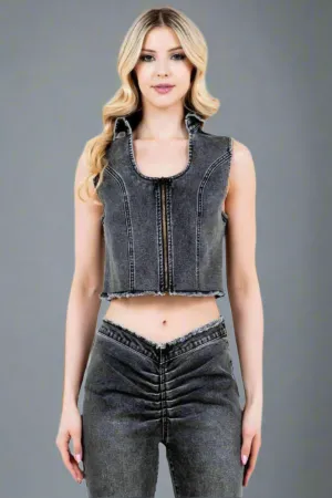 American Bazi Washed Black Zip-Up Crop Denim Vest