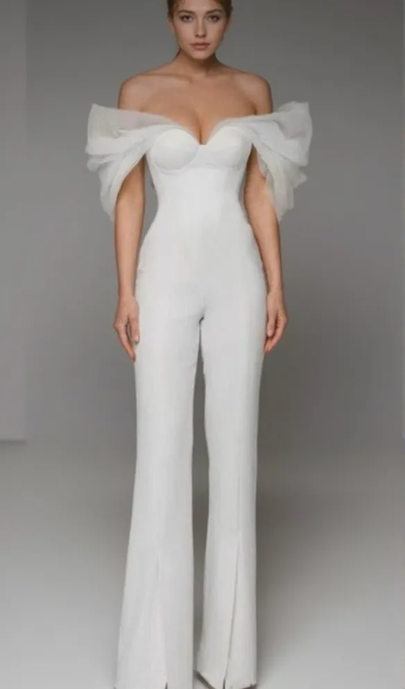 ANILA WHITE TULLE SLEEVE OFF-SHOULDER CORSET JUMPSUIT