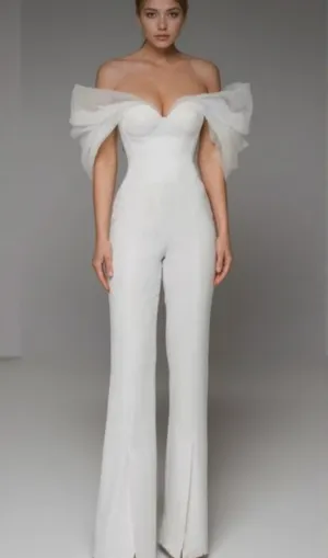 ANILA WHITE TULLE SLEEVE OFF-SHOULDER CORSET JUMPSUIT