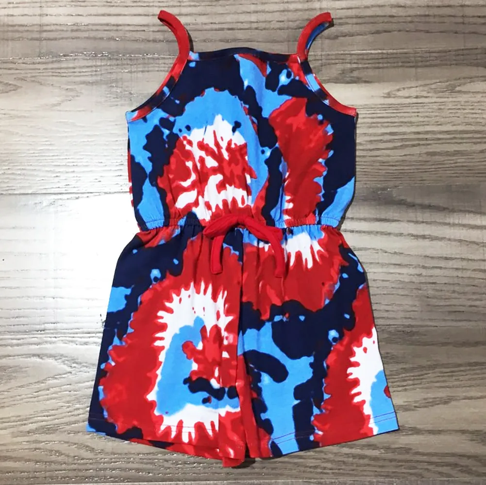 AnnLoren Girls Tie Dye 4th of July Shorts Jumpsuit Summer Romper