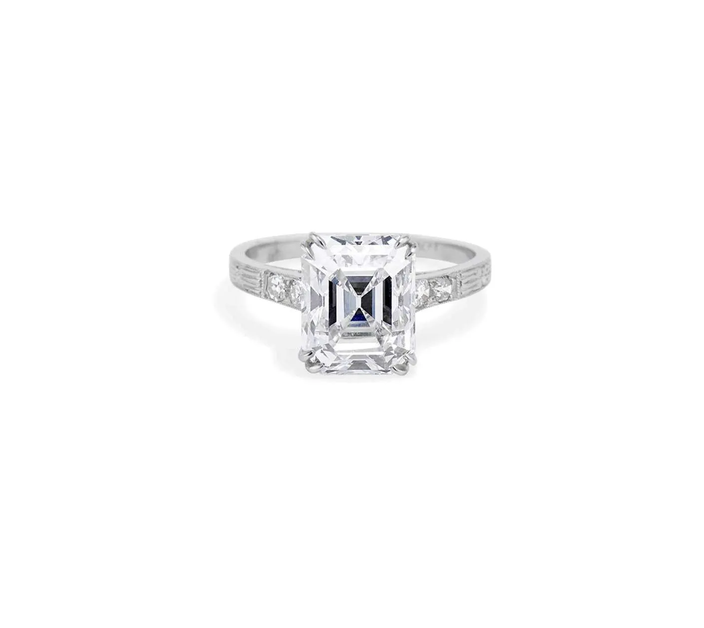 Art Deco Emerald Cut Diamond solitaire Engagement Ring set without Band 4.02carat 14k White Gold Moissanite Unique Desing Man Made Ring