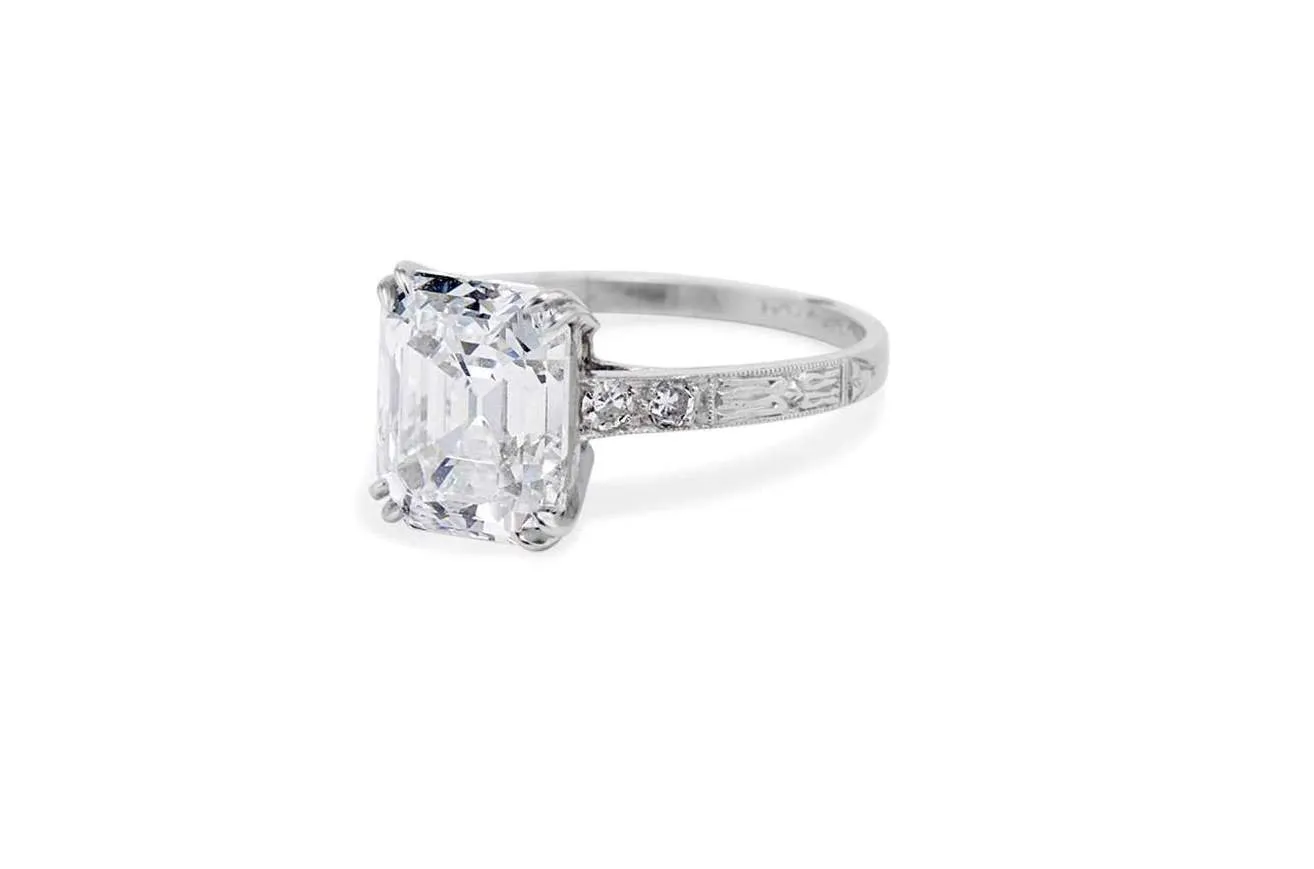 Art Deco Emerald Cut Diamond solitaire Engagement Ring set without Band 4.02carat 14k White Gold Moissanite Unique Desing Man Made Ring