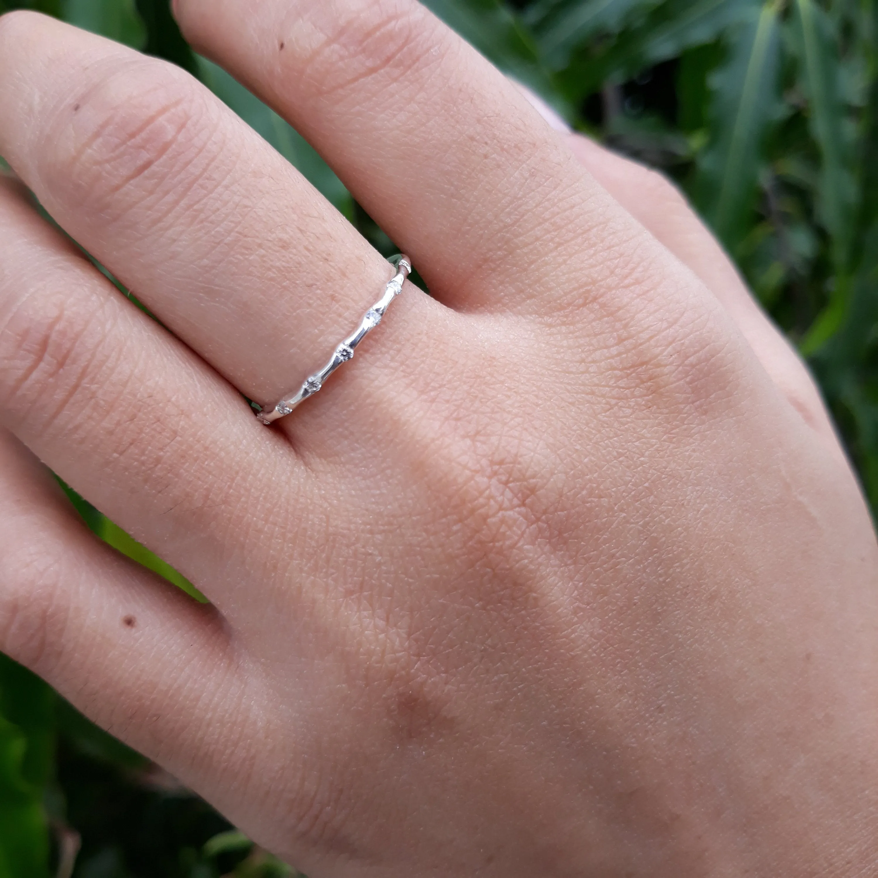 Art Deco Wedding Band, 14k White Gold Engagement Ring, Bar Set Half Enternity stacking  Wedding Band, Skinny Anniversary Band