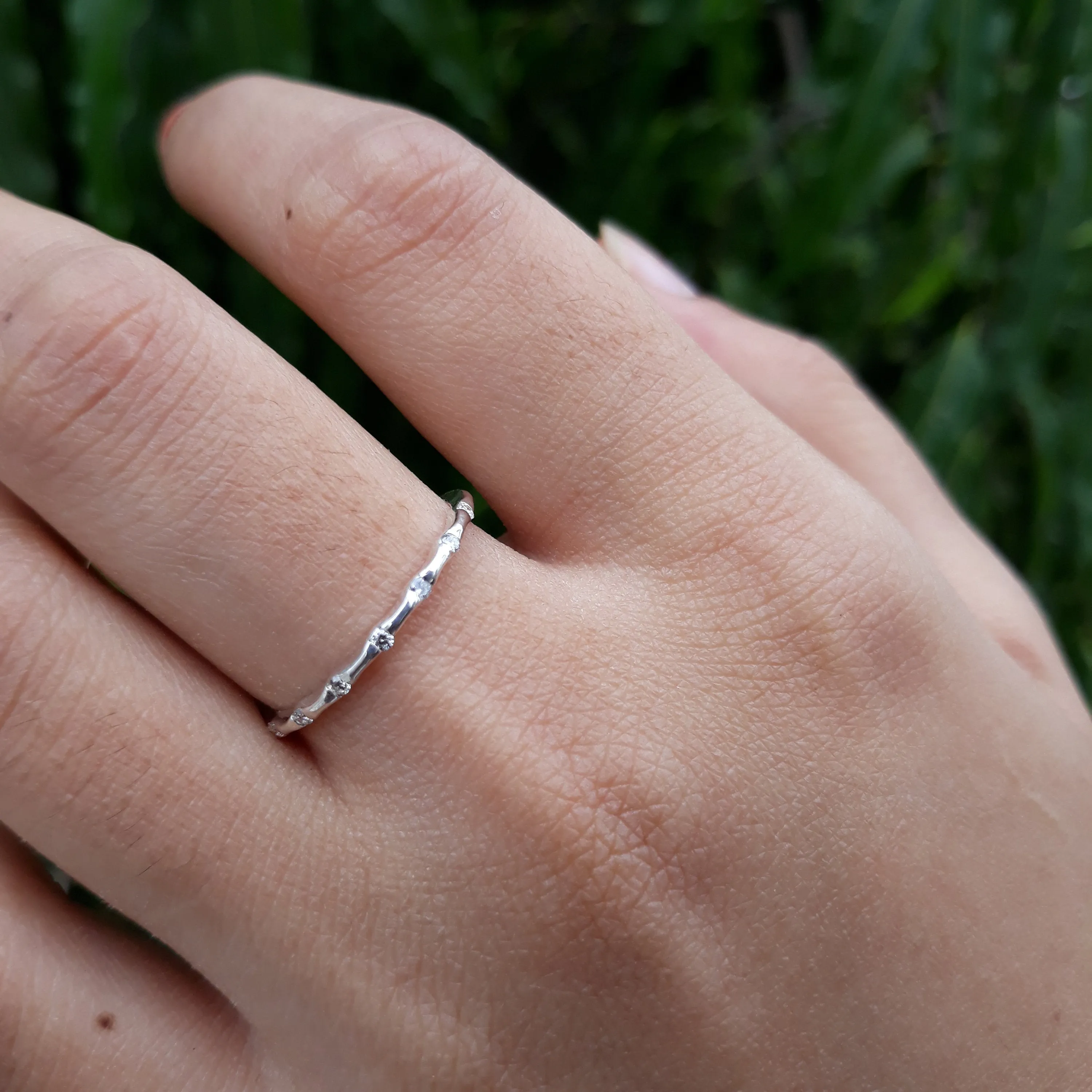 Art Deco Wedding Band, 14k White Gold Engagement Ring, Bar Set Half Enternity stacking  Wedding Band, Skinny Anniversary Band