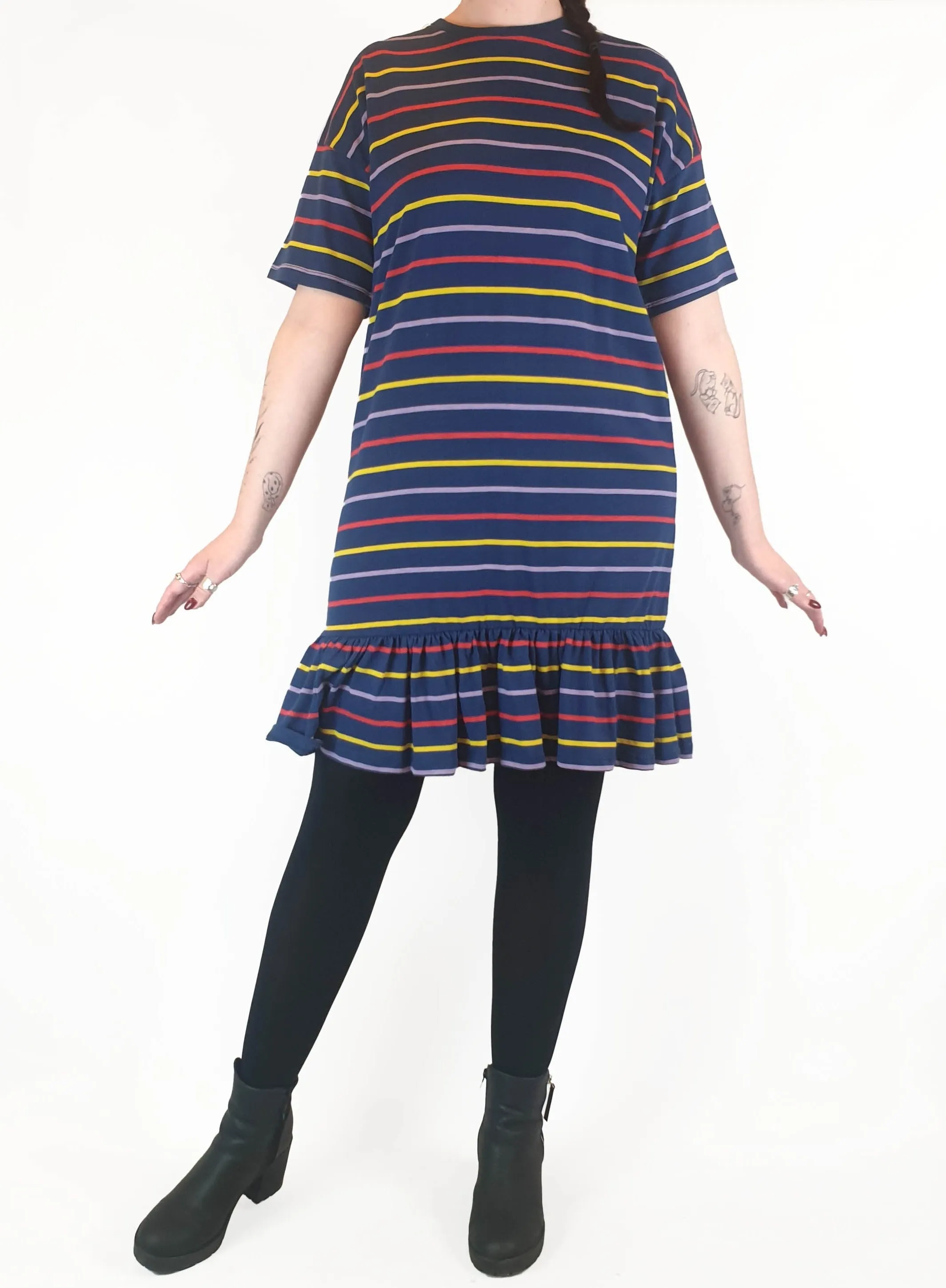 Asos navy tee shirt dress with fun and colourful striped print size UK 14