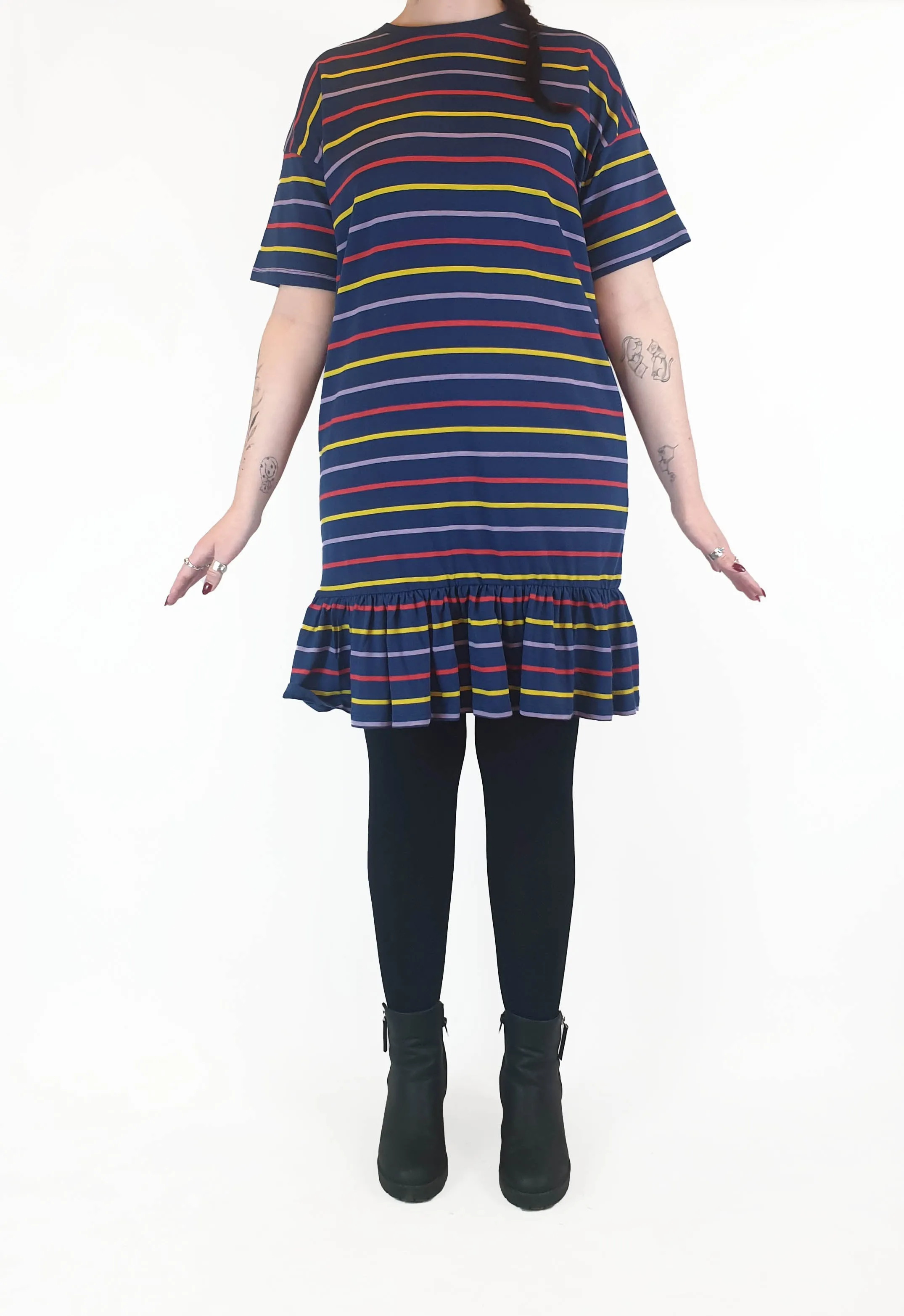 Asos navy tee shirt dress with fun and colourful striped print size UK 14