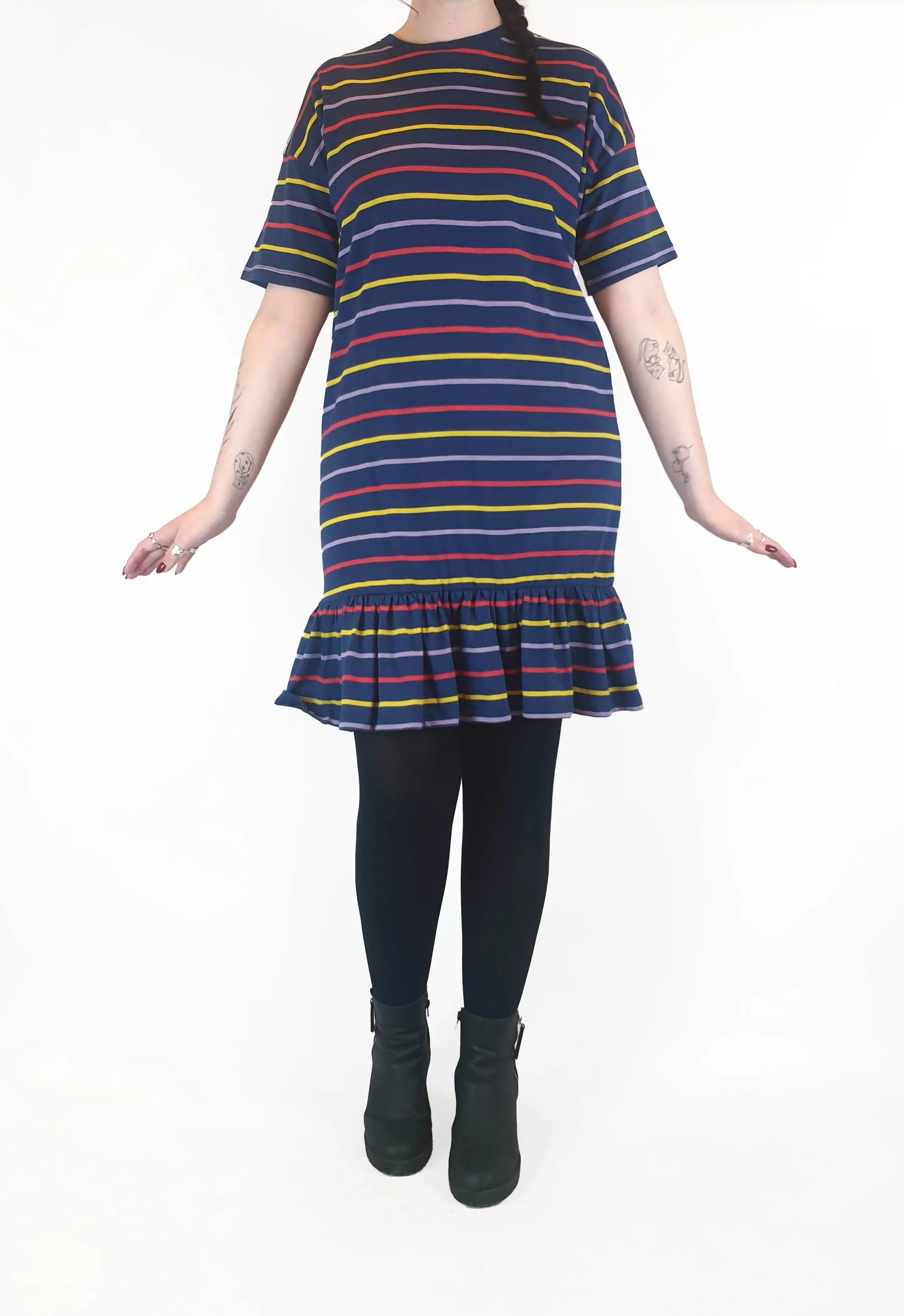 Asos navy tee shirt dress with fun and colourful striped print size UK 14