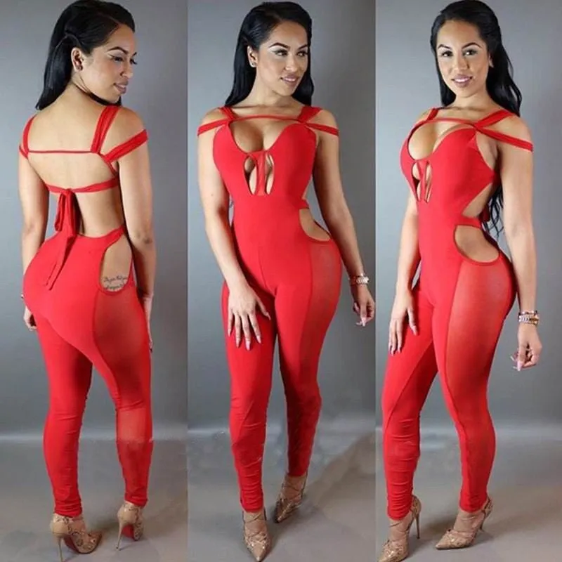 Backless Mesh Patchwork Playsuit V-Neck Bandage Jumpsuit