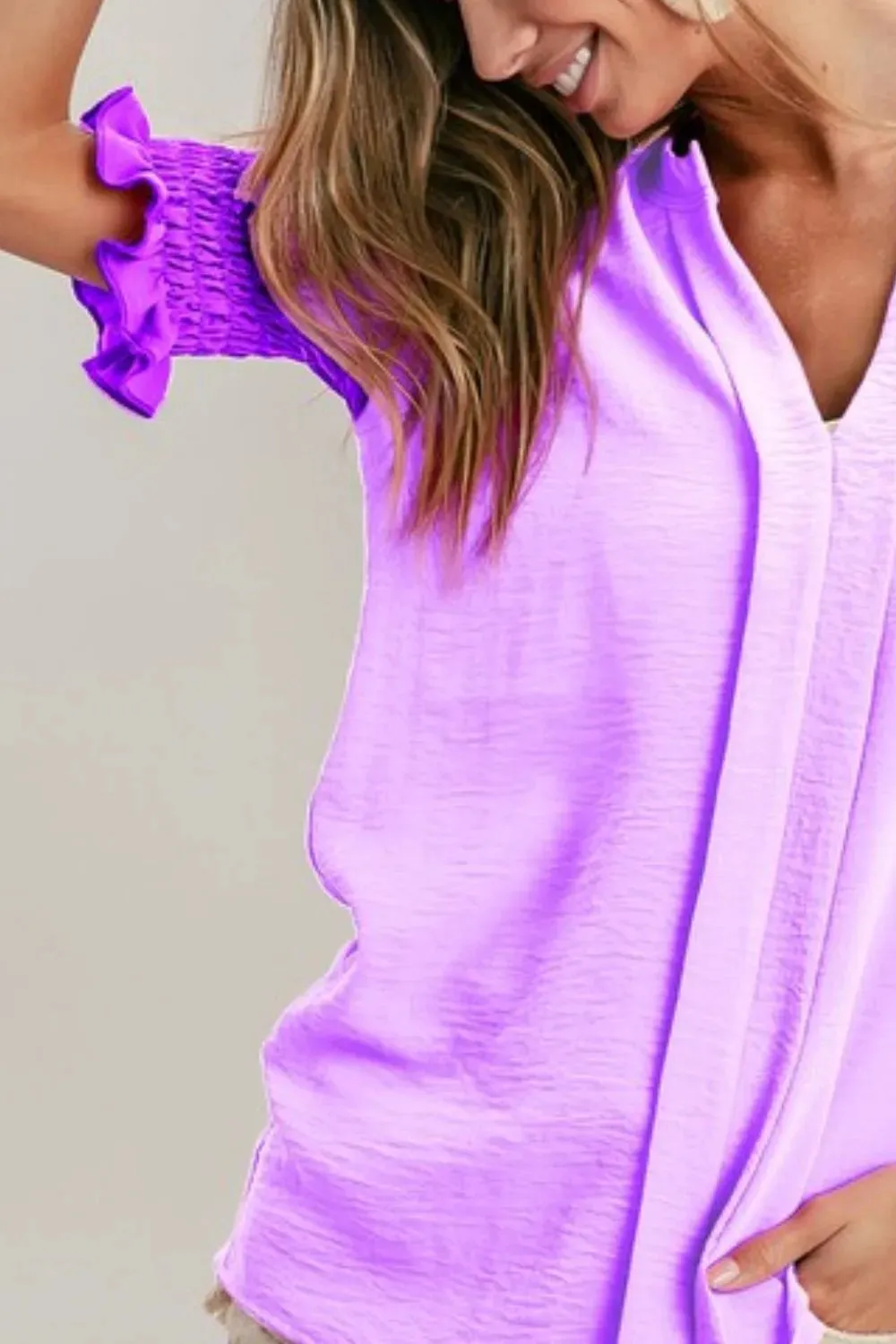 BiBi Air Flow Color Block Puff Sleeves V Neck Top
