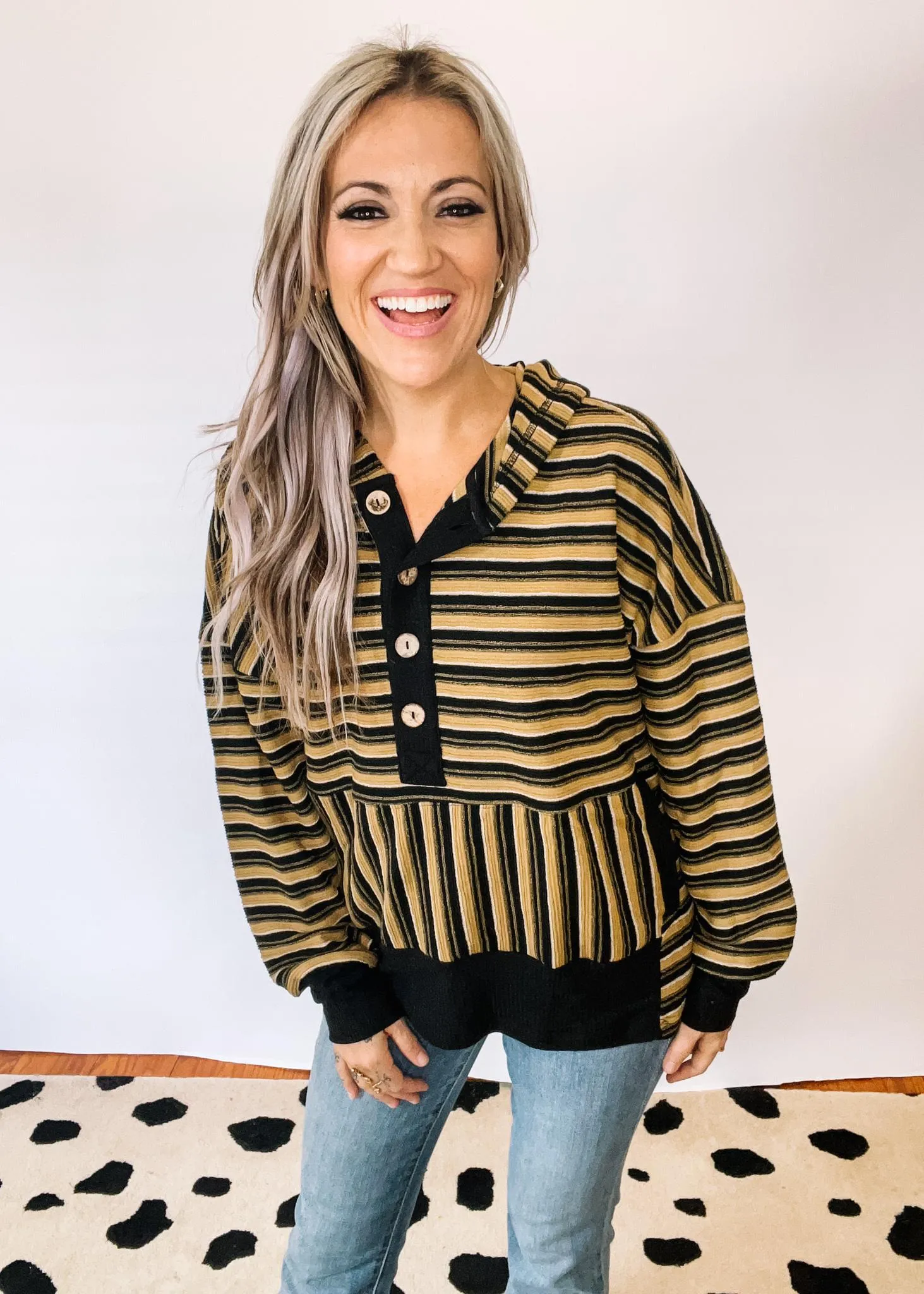 Black and Khaki Textured Stripe Hoodie