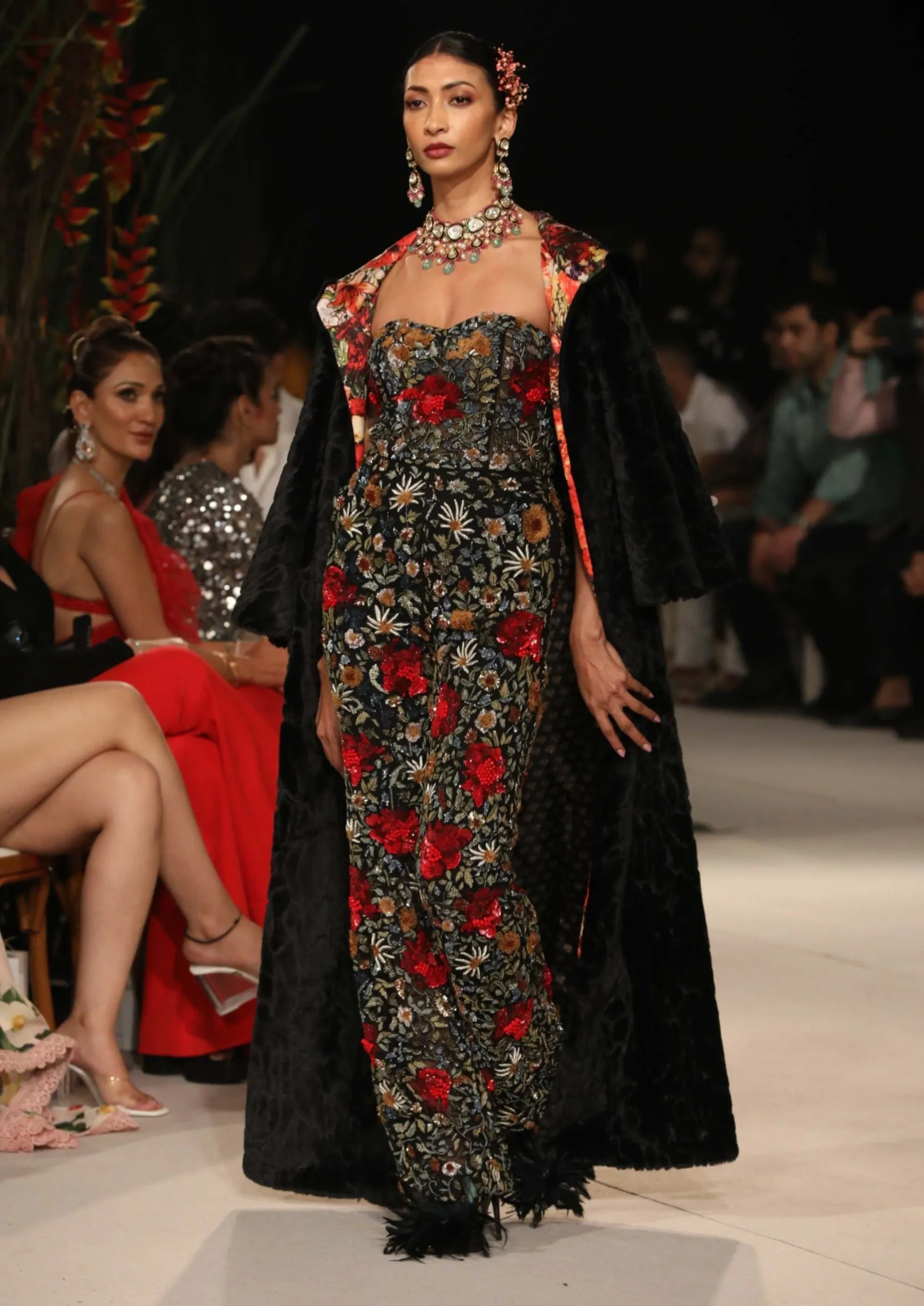 Black embroidered corset jumpsuit