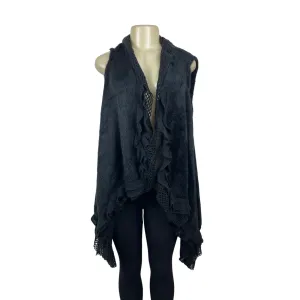 Black Open Front Sleeveless Cardigan Vest With Ruffled Edges - New