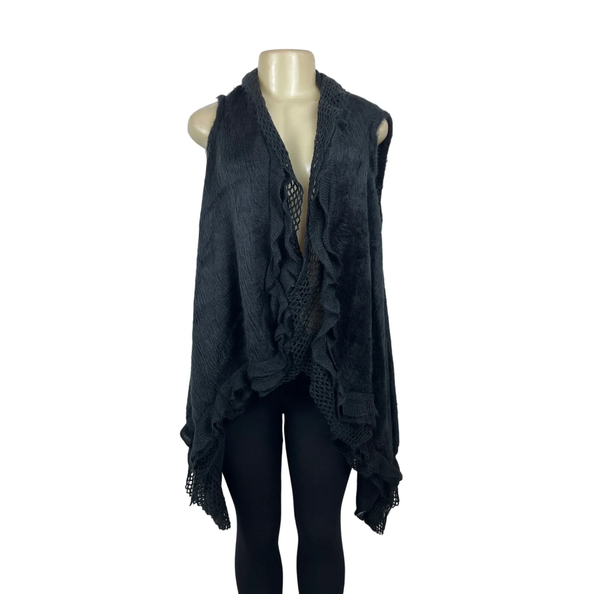 Black Open Front Sleeveless Cardigan Vest With Ruffled Edges - New