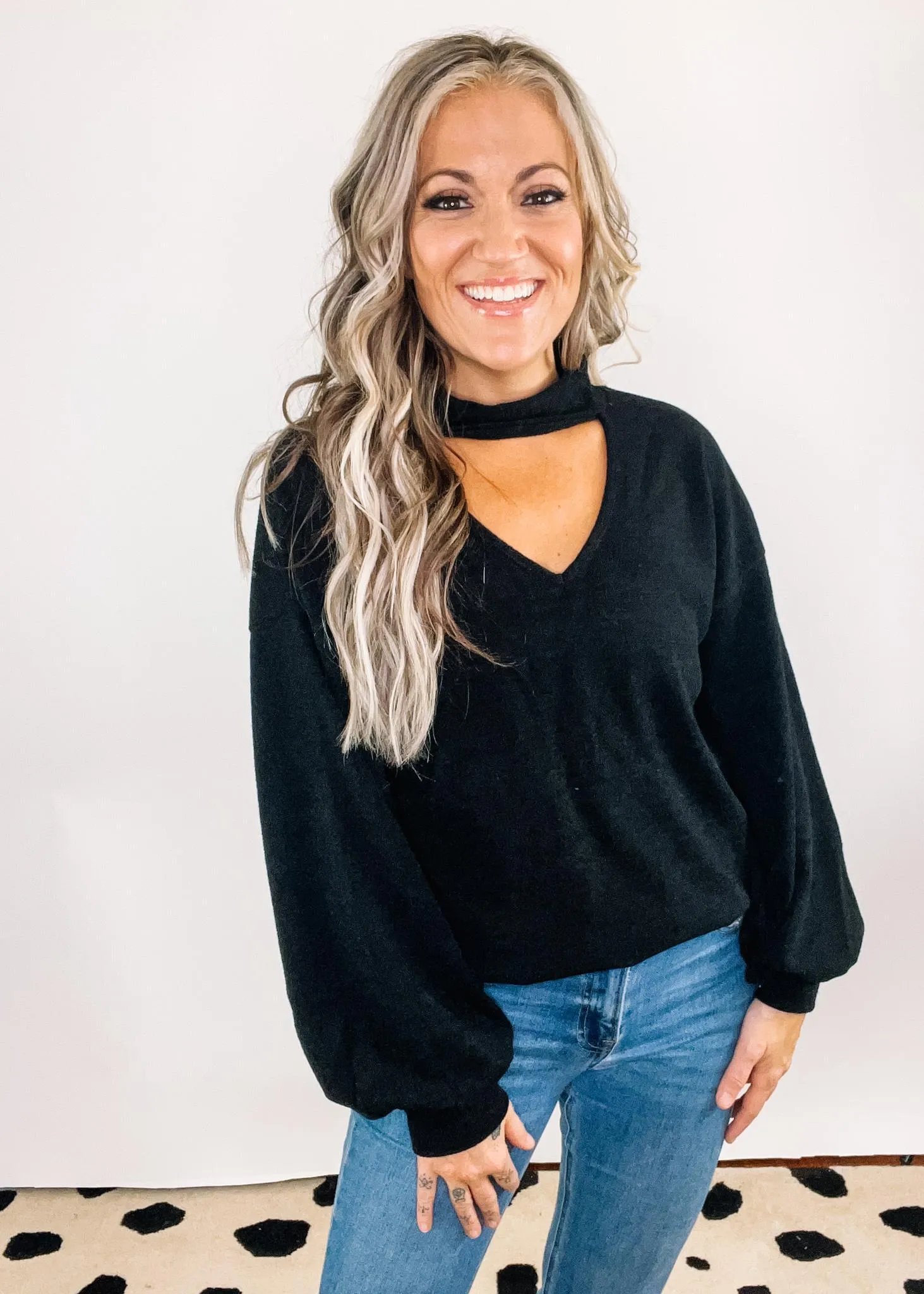 Black Sweater Knit Top with Cut Out Detail
