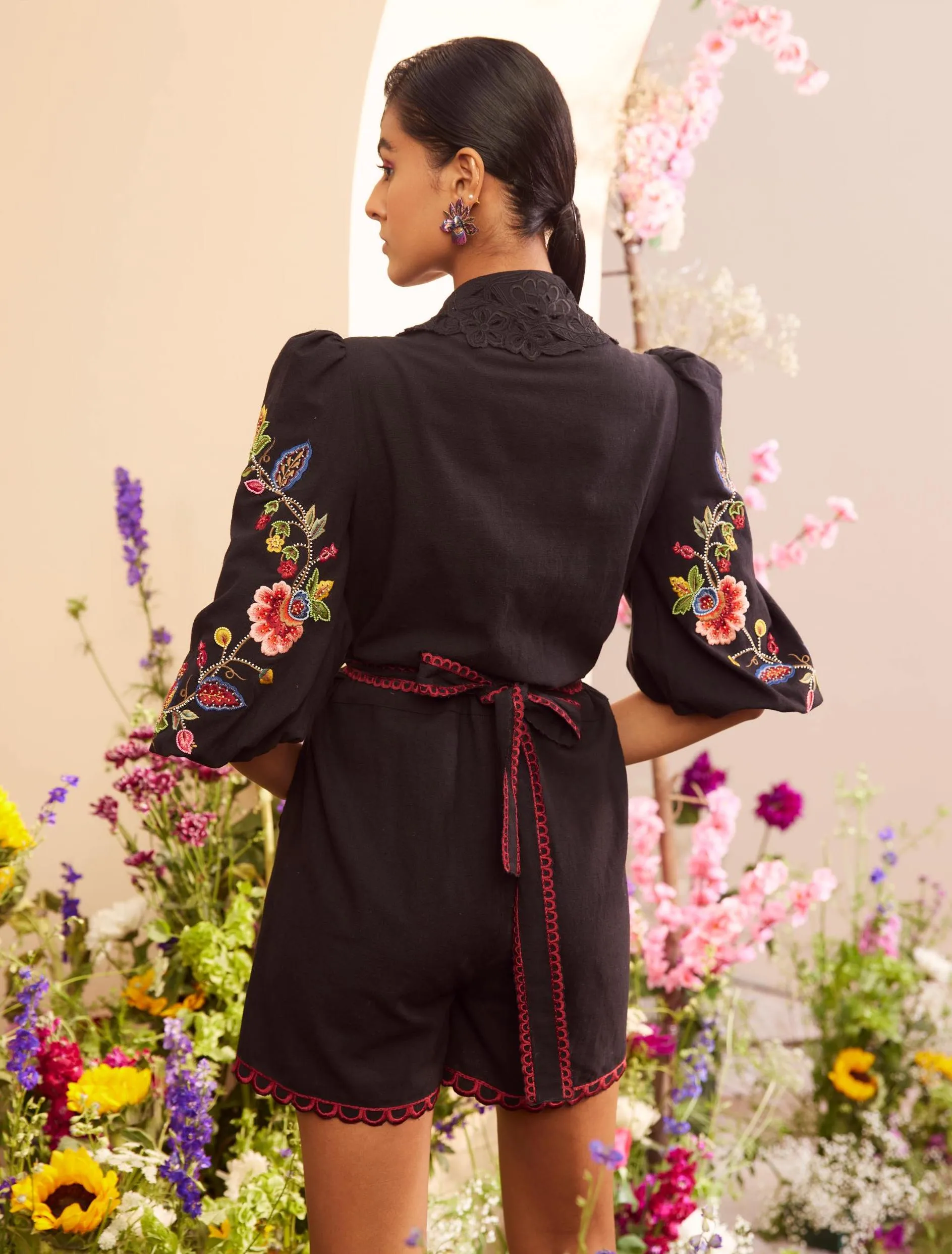 Black threadwork and beadwork playsuit