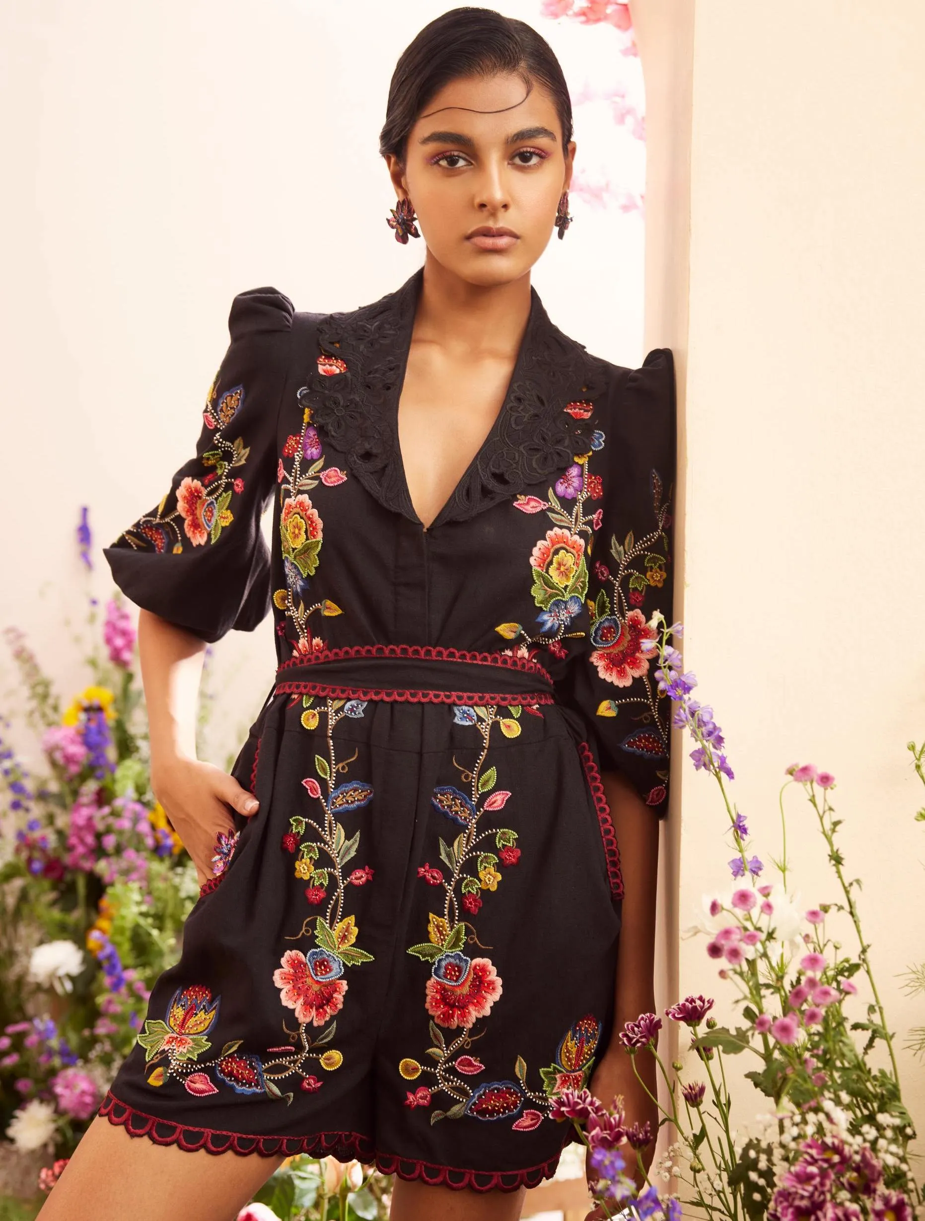 Black threadwork and beadwork playsuit