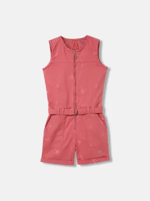 Blue Giraffe Girls Peach Embroidered Round Neck Sleeveless Playsuit