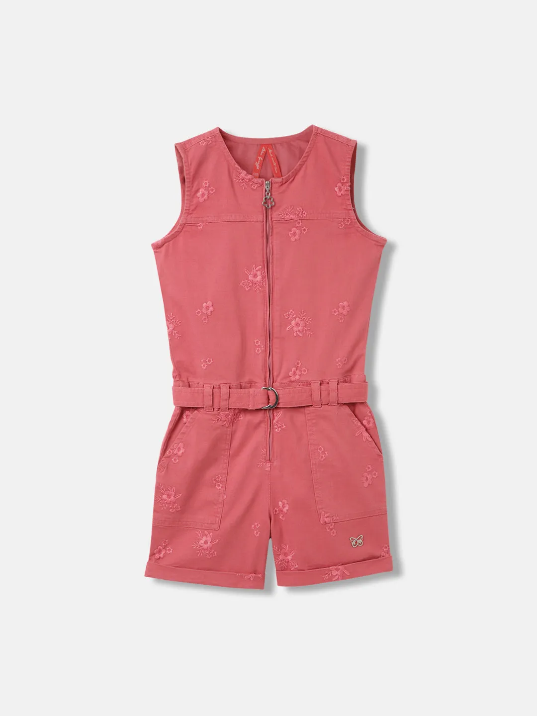 Blue Giraffe Girls Peach Embroidered Round Neck Sleeveless Playsuit