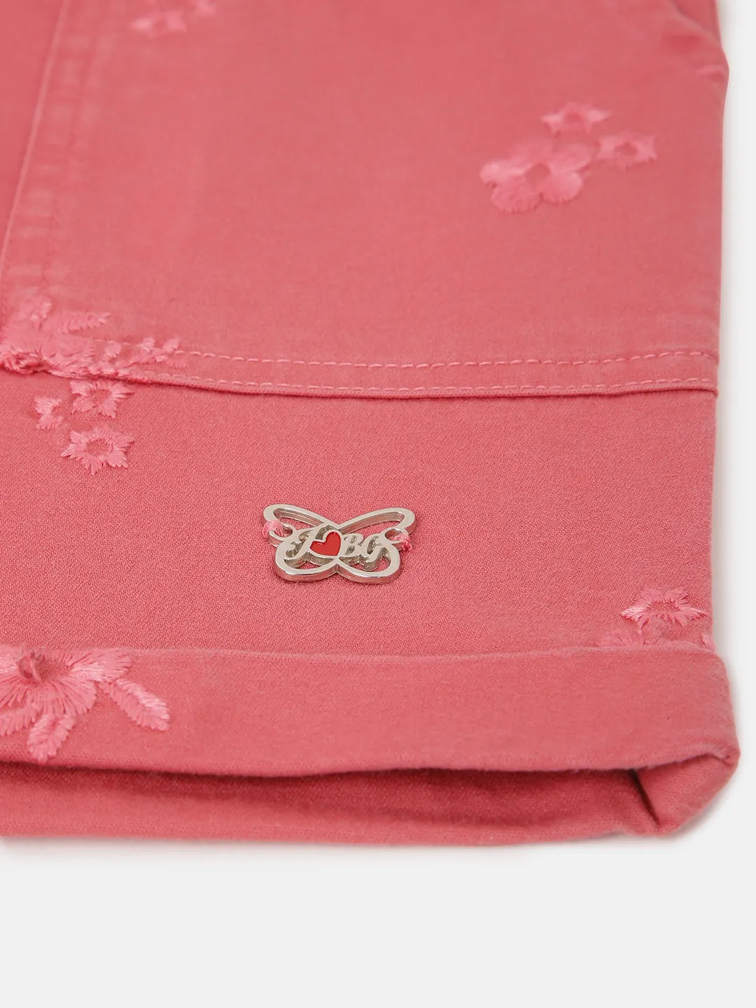Blue Giraffe Girls Peach Embroidered Round Neck Sleeveless Playsuit
