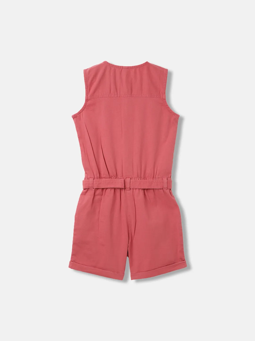 Blue Giraffe Girls Peach Embroidered Round Neck Sleeveless Playsuit