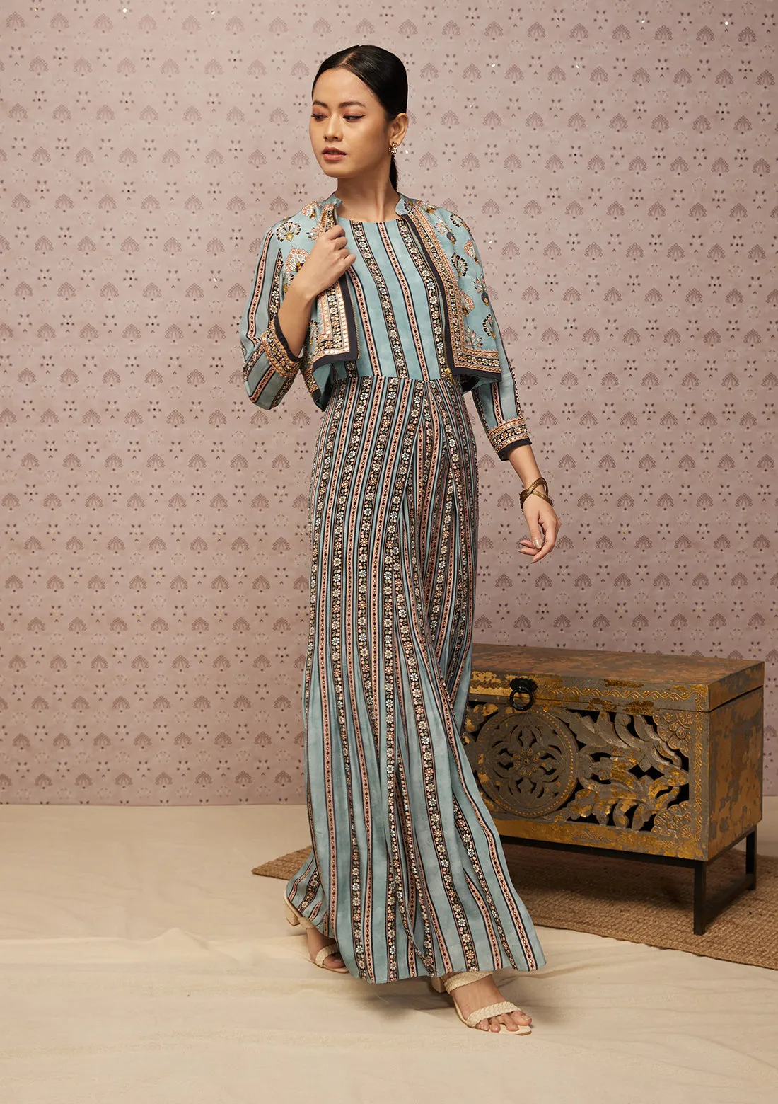 Blue Sarouk Printed Jumpsuit With Jacket