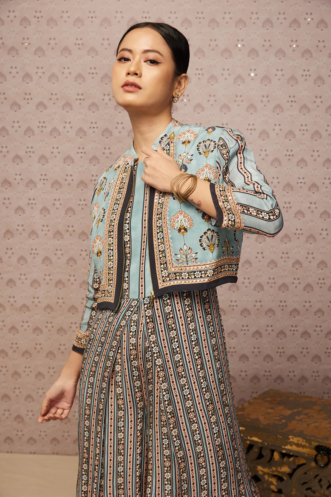 Blue Sarouk Printed Jumpsuit With Jacket