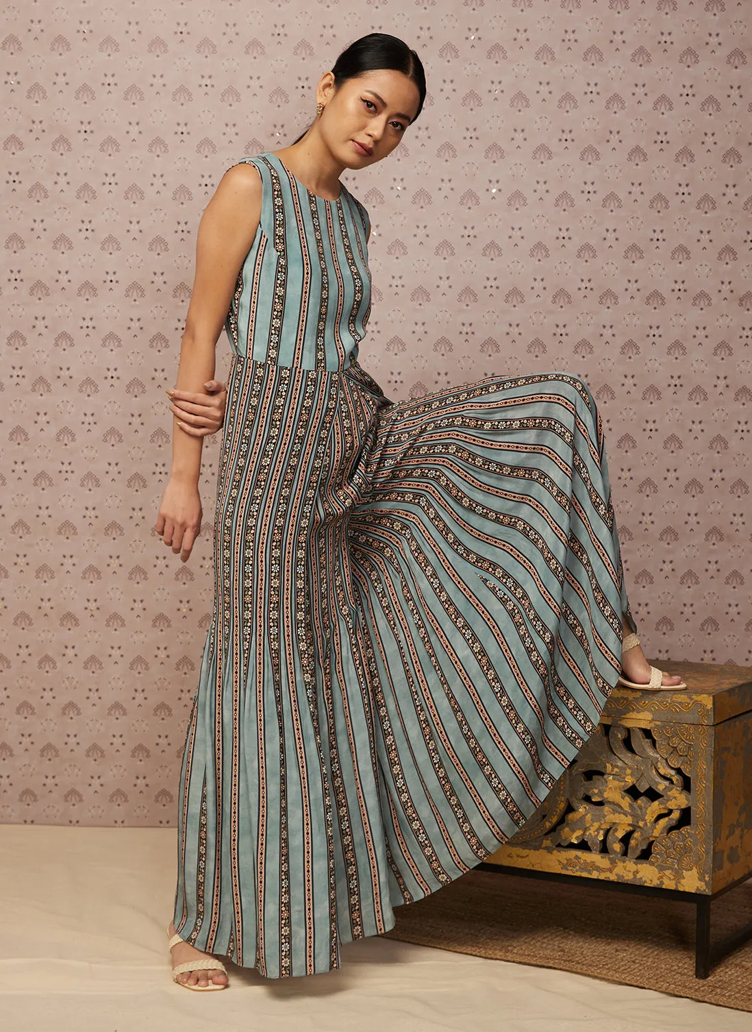 Blue Sarouk Printed Jumpsuit With Jacket