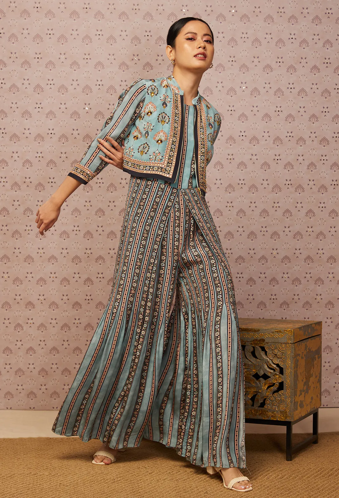 Blue Sarouk Printed Jumpsuit With Jacket