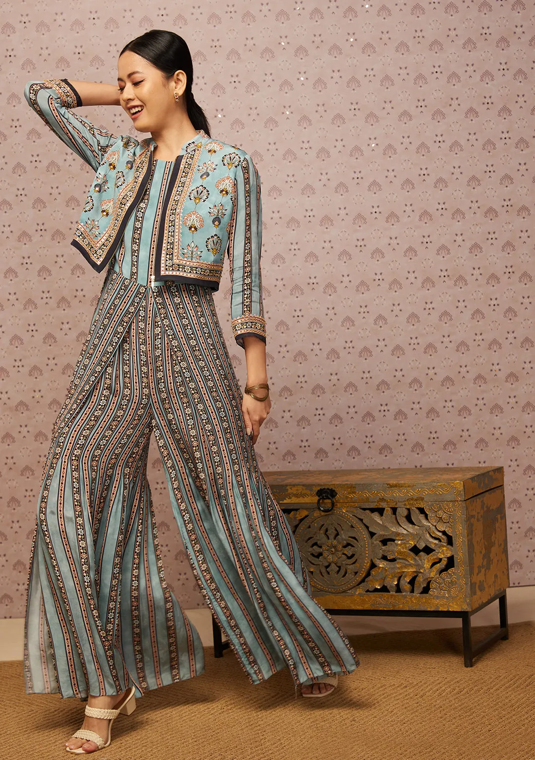 Blue Sarouk Printed Jumpsuit With Jacket