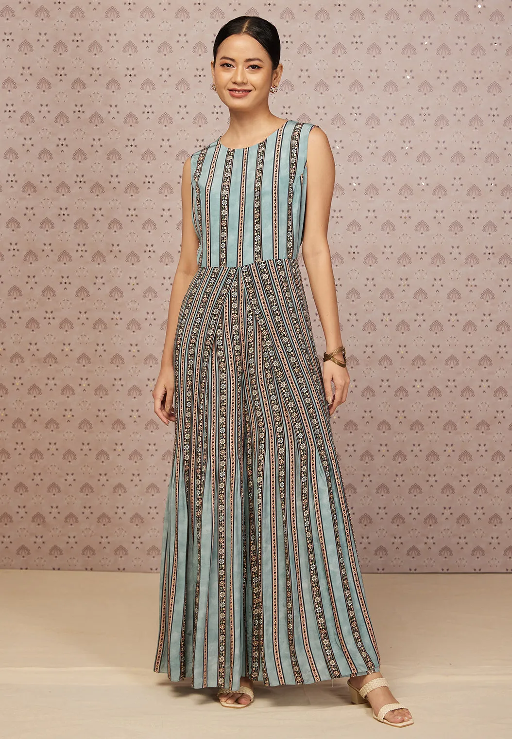 Blue Sarouk Printed Jumpsuit With Jacket