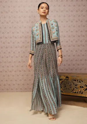 Blue Sarouk Printed Jumpsuit With Jacket