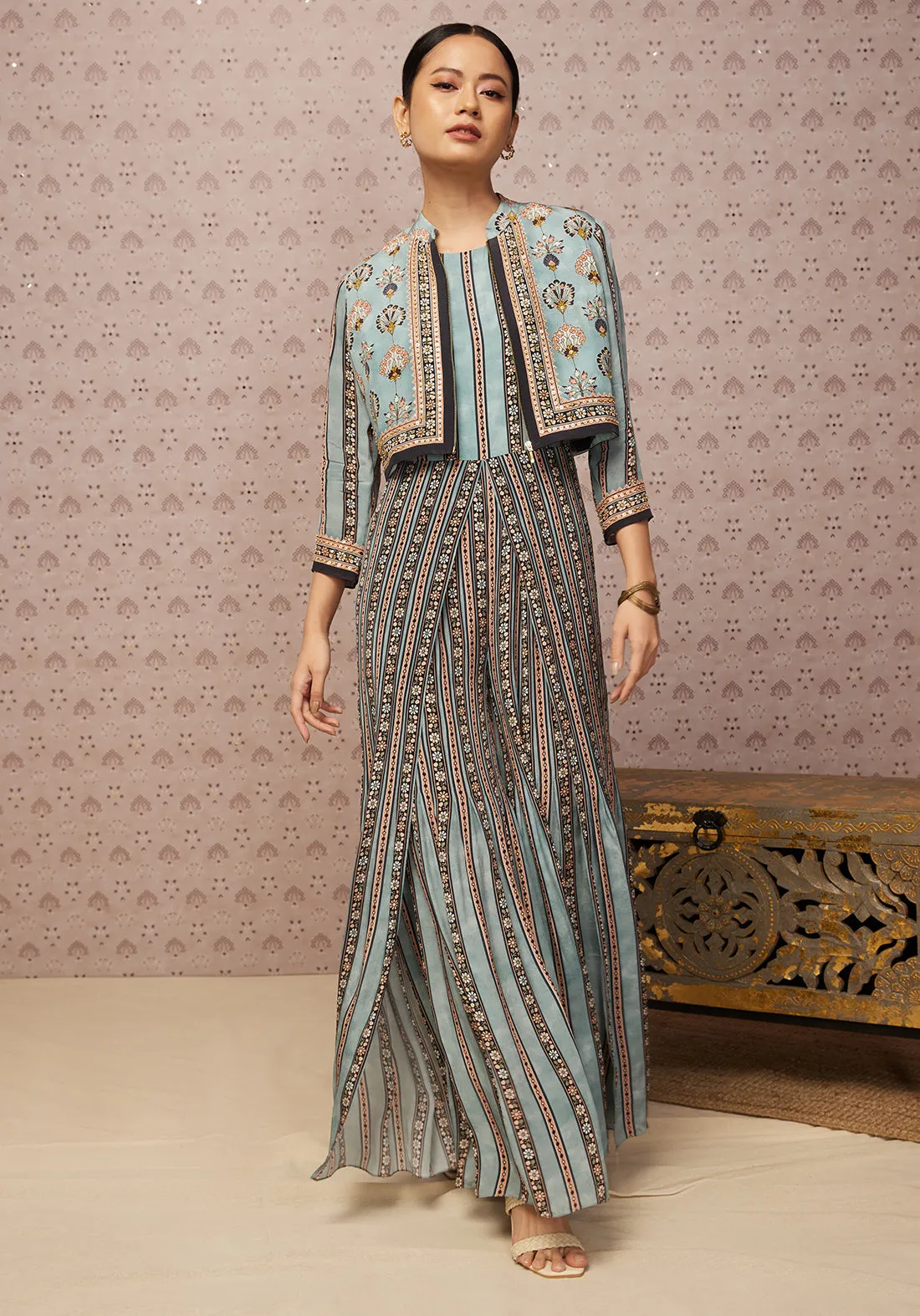 Blue Sarouk Printed Jumpsuit With Jacket