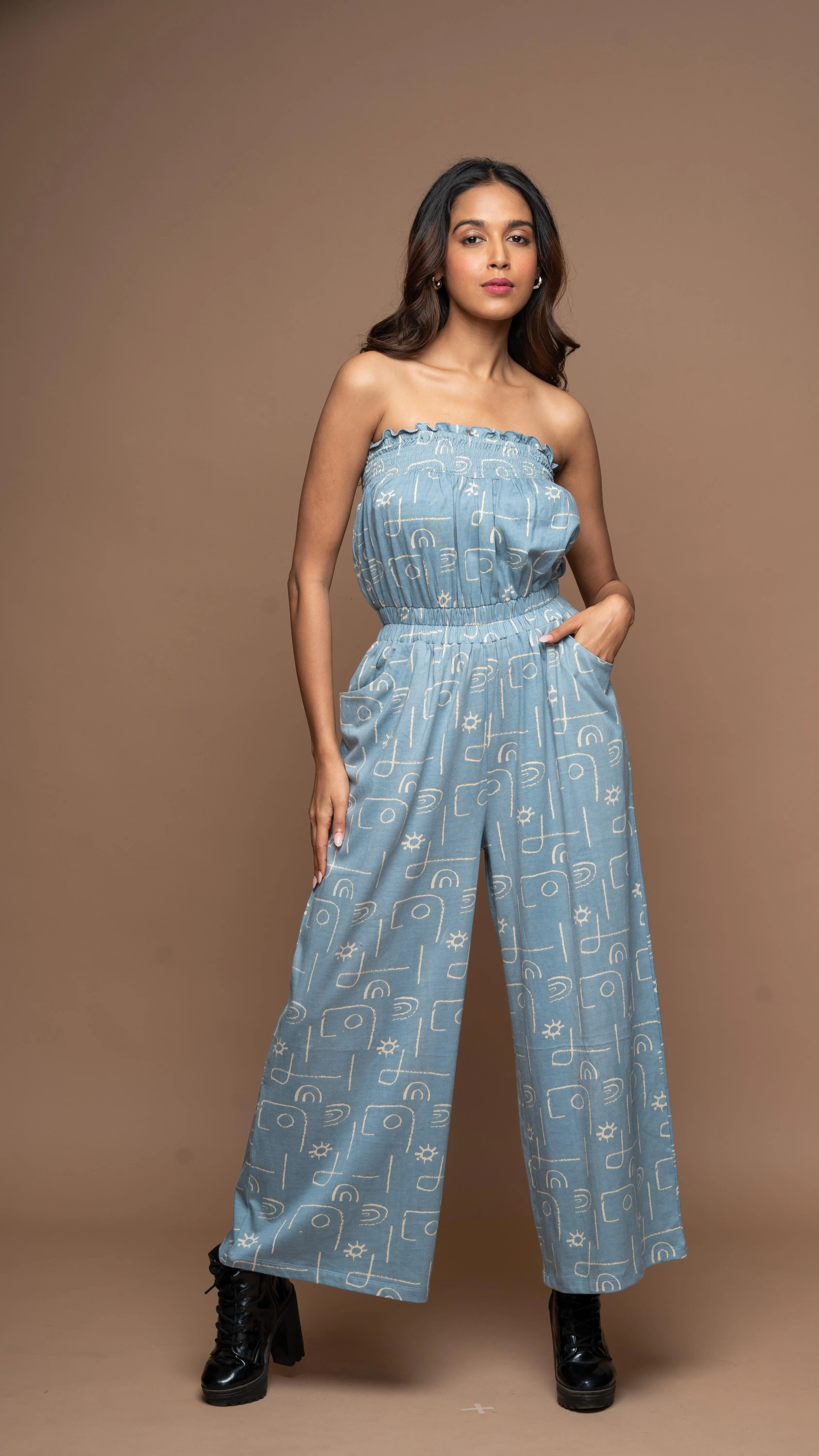 Bold Strapless Jumpsuit in Power Play Pattern