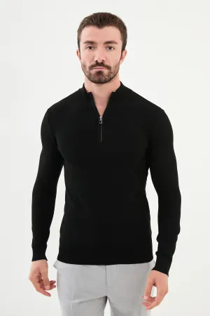 Brabion Marco Textured Slim Fit Zippered Half Turtleneck Black Knitwear Sweater
