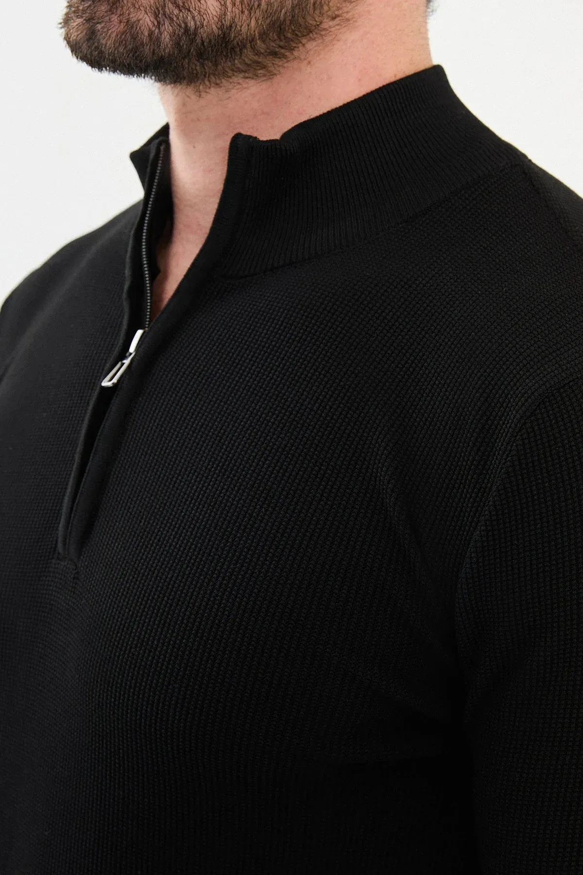 Brabion Marco Textured Slim Fit Zippered Half Turtleneck Black Knitwear Sweater