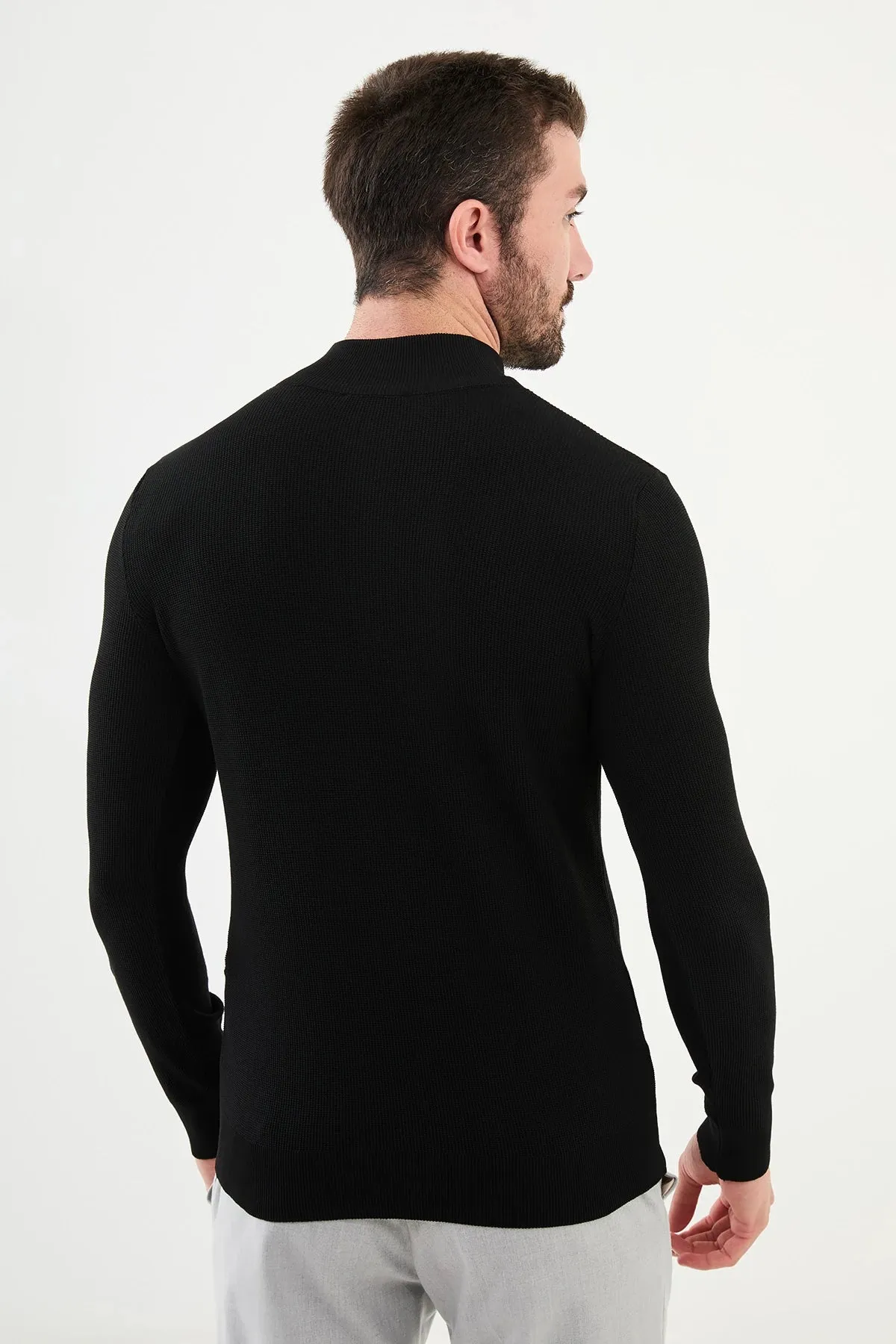 Brabion Marco Textured Slim Fit Zippered Half Turtleneck Black Knitwear Sweater