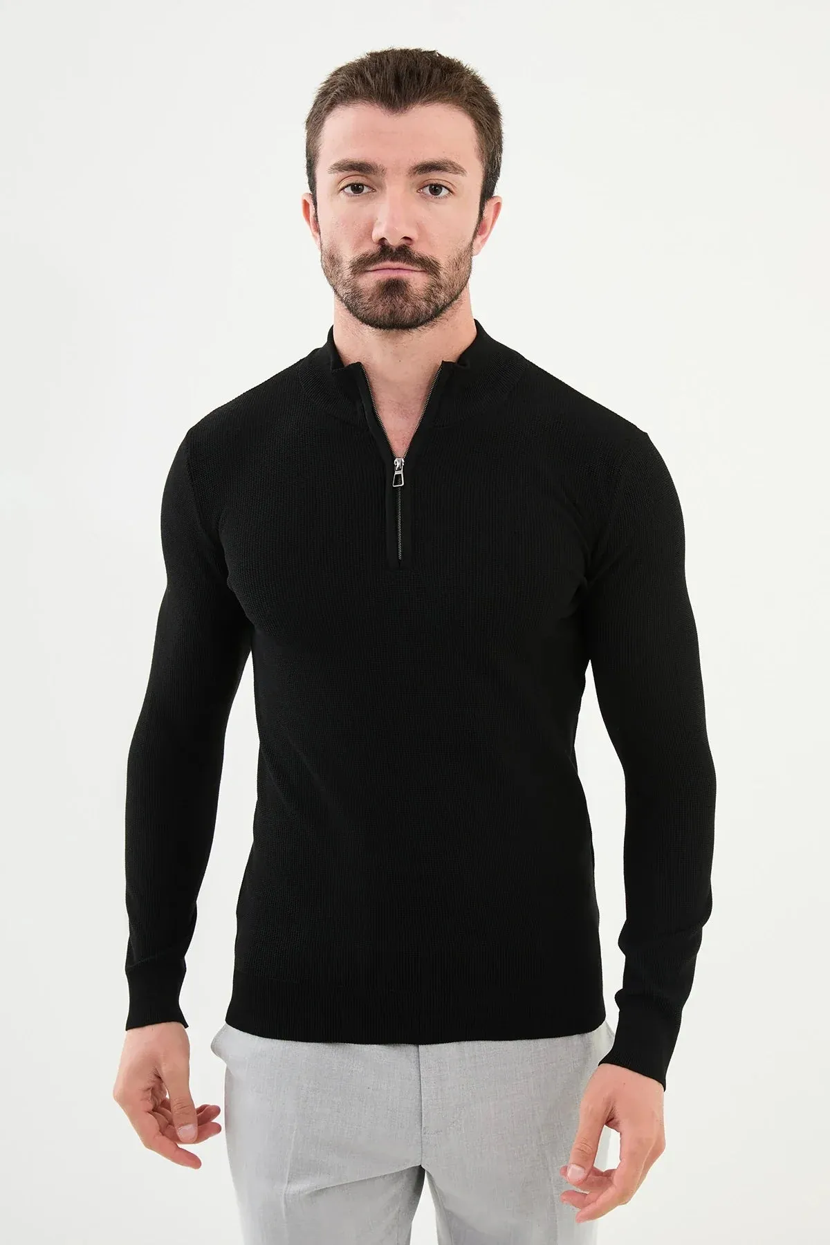 Brabion Marco Textured Slim Fit Zippered Half Turtleneck Black Knitwear Sweater
